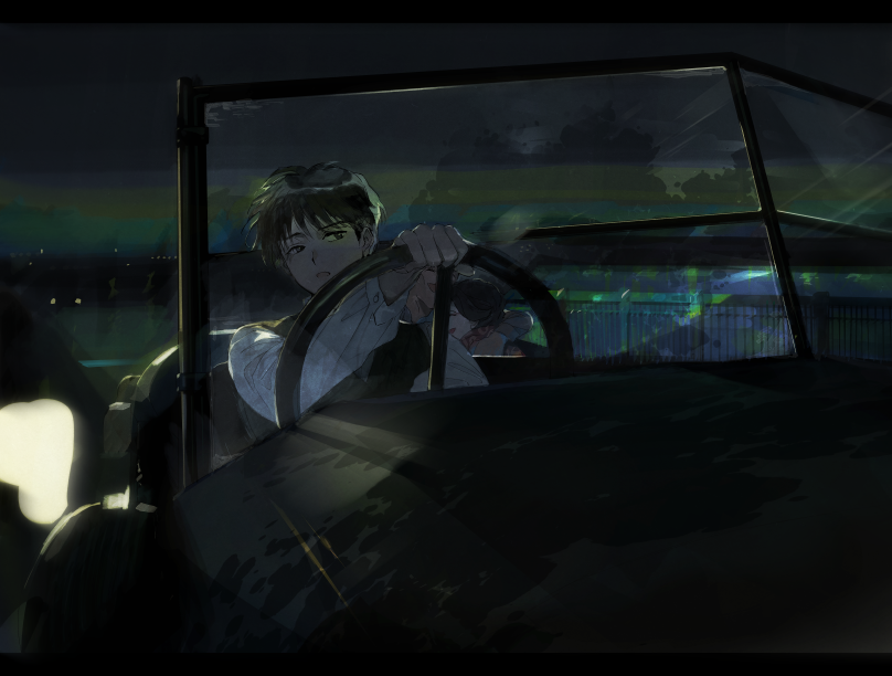 1girl 2boys annoyed bangs black_hair black_vest car couple driving extra face-to-face ground_vehicle hetero kamon_(mao) laughing letterboxed long_sleeves looking_away mao_(takahashi_rumiko) motor_vehicle multicolored_hair multiple_boys night outstretched_arm roku_(tsua-kihuyu) shirt short_hair sideways_glance sky solo_focus steering_wheel streaked_hair vest white_hair white_shirt