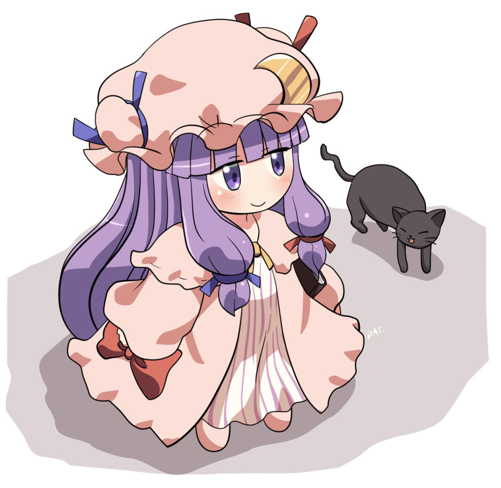 1girl bangs black_cat blue_ribbon blunt_bangs blush book bow capelet cat chibi closed_mouth commentary_request crescent crescent_hat_ornament dress dress_bow hair_ribbon hat hat_ornament hat_ribbon holding holding_book long_hair mob_cap patchouli_knowledge purple_hair red_bow red_ribbon ribbon robe rokugou_daisuke signature simple_background smile striped striped_dress tail touhou very_long_hair violet_eyes watermark white_background