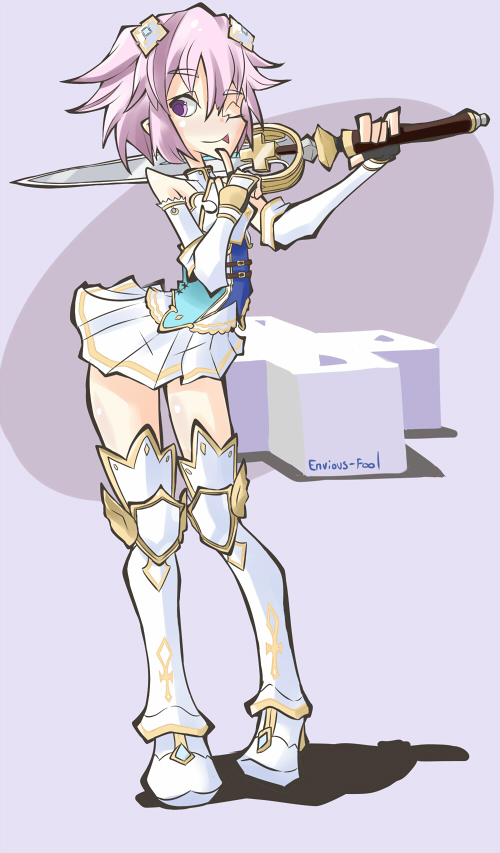 1girl adapted_costume armor artist_name bare_shoulders boots d-pad d-pad_hair_ornament foolintisimo hair_between_eyes hair_ornament holding holding_sword holding_weapon knight metal_boots neptune_(neptune_series) neptune_(series) one_eye_closed paladin purple_hair skirt solo sword thigh_boots tongue tongue_out violet_eyes weapon