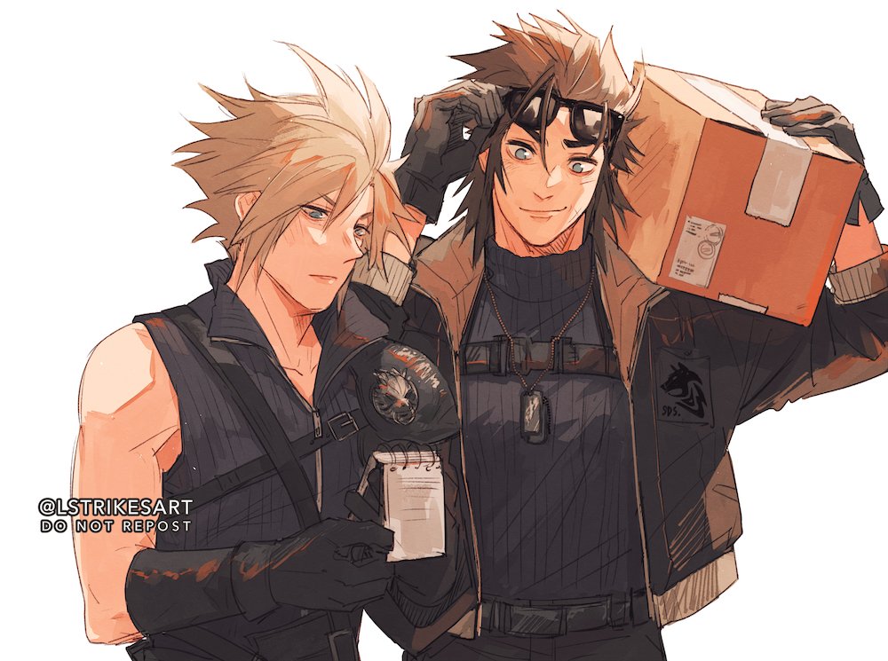 2boys adjusting_eyewear alternate_universe armor black_gloves black_hair blonde_hair blue_eyes box cloud_strife dog_tags eyewear_on_head final_fantasy final_fantasy_vii final_fantasy_vii_advent_children gloves hair_between_eyes holding holding_box holding_notebook lightningstrikes male_focus medium_hair multiple_boys notebook shirt short_hair shoulder_armor single_bare_shoulder sleeveless sleeveless_shirt spiky_hair sunglasses toned toned_male turtleneck upper_body zack_fair