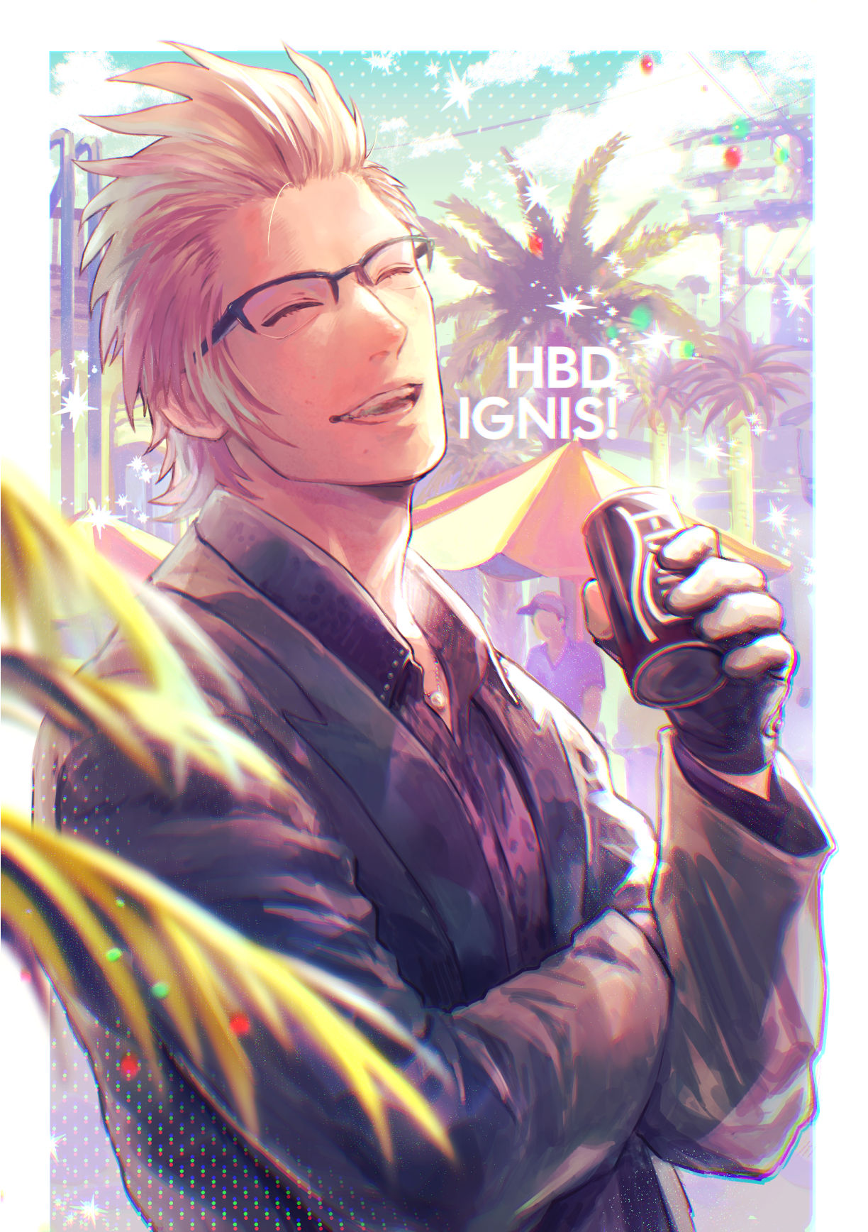 1boy black_gloves black_shirt blurry blurry_foreground border brown_hair can character_name closed_eyes collared_shirt crossed_arms final_fantasy final_fantasy_xv glasses gloves grey_jacket hair_slicked_back happy_birthday highres holding holding_can ignis_scientia jacket koro_mma long_sleeves male_focus open_mouth palm_tree shirt short_hair sideburns smile solo suit_jacket tree upper_body white_border