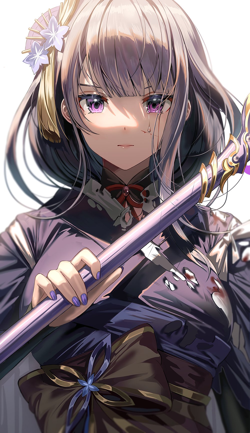 1girl bangs bleeding blood blunt_bangs breasts closed_mouth cuts eyebrows_hidden_by_hair flower genshin_impact hair_flower hair_ornament highres holding holding_sword holding_weapon injury japanese_clothes kimono large_breasts long_hair looking_at_viewer mole mole_under_eye musou_isshin_(genshin_impact) obi purple_hair purple_kimono purple_nails raiden_shogun sash silence_girl solo sword tassel tears upper_body violet_eyes vision_(genshin_impact) weapon