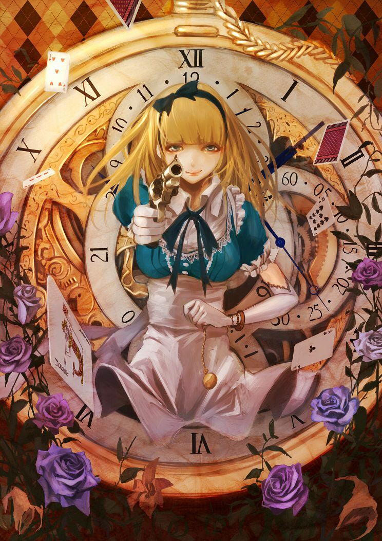 aiming_at_viewer alice_(alice_in_wonderland) alice_in_wonderland apron aqua_dress bangs black_eyes black_hairband blonde_hair blue_dress blue_eyes blunt_bangs bracelet breasts card clock commentary dress elbow_gloves english_commentary flower gloves gun hairband holding holding_gun holding_pocket_watch holding_weapon jewelry joker_(card) koh_(minagi_kou) large_breasts long_hair looking_at_viewer playing_card pocket_watch purple_flower purple_rose revolver ribbon rose sidelocks smile watch weapon white_gloves