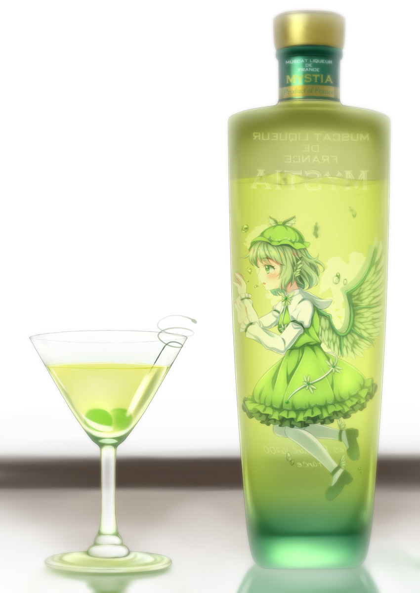 1girl :o air_bubble alcohol alternate_color animal_ears ankle_ribbon armband bangs bird_ears bird_wings blurry blurry_background bottle brand_name_imitation bubble character_name cocktail_glass commentary_request cup dress drinking_glass feathered_wings feathers french_commentary from_side green_dress green_footwear green_hair green_headwear grey_background hat highres in_bottle in_container juliet_sleeves leg_ribbon long_sleeves mixed-language_commentary mystia_lorelei olive pantyhose pinafore_dress profile puffy_sleeves revision ribbon shirt short_hair solo submerged tomo_takino touhou white_background white_pantyhose white_shirt wine wine_bottle wings