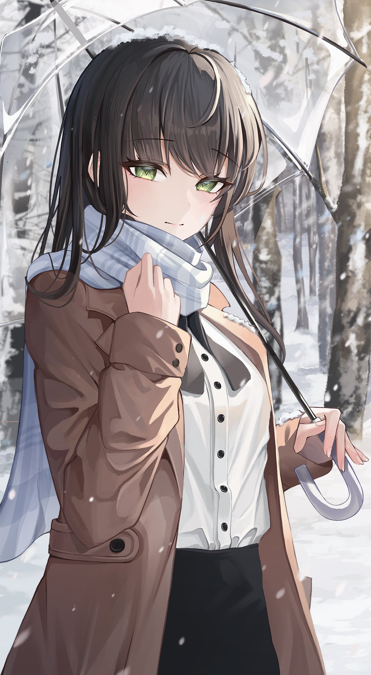1girl bangs bare_tree blanc_(blanc97) blush bow bowtie coat green_eyes hair_between_eyes highres holding holding_umbrella long_hair long_sleeves looking_at_viewer original outdoors plaid plaid_scarf scarf shirt smile snowing solo transparent transparent_umbrella tree umbrella white_shirt winter winter_clothes winter_coat