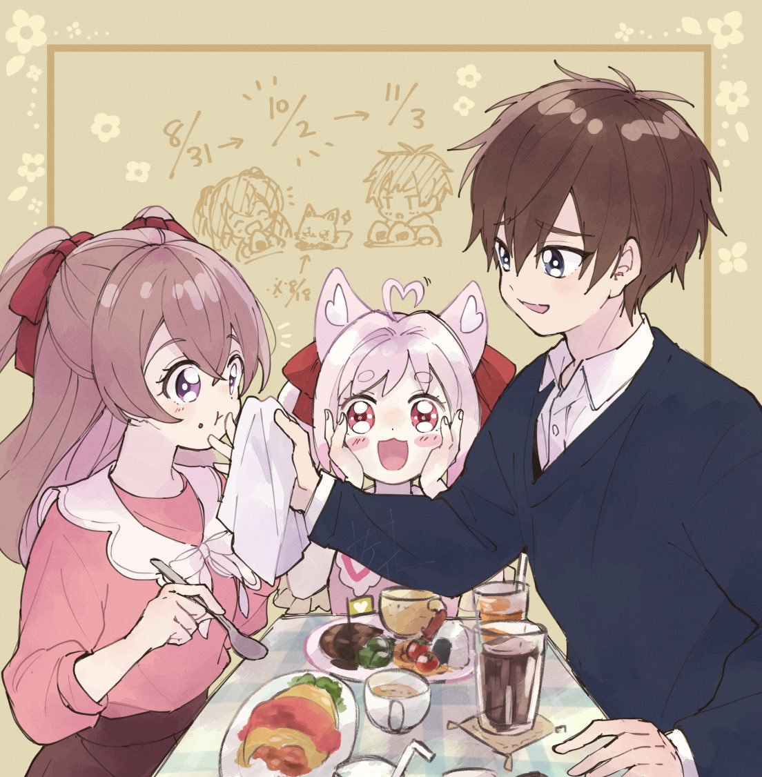 1boy 2girls :3 :d :t ahoge animal_ears bangs birthday blue_eyes blue_sweater blush_stickers brown_hair collared_shirt commentary cup dated delicious_party_precure dress_shirt drinking_glass drinking_straw eating food food_on_face fox_ears fox_girl hair_ribbon handkerchief hands_on_own_face heart heart_ahoge holding holding_handkerchief holding_spoon kome-kome_(precure) kome-kome_(precure)_(human) long_sleeves looking_at_another medium_hair motion_lines multiple_girls nagomi_yui notice_lines omelet omurice onigiri picnic pink_hair pink_shirt plate precure red_ribbon ribbon shinada_takumi shirt short_hair smile sorashinakei_k spoon sweater table twintails two_side_up v-neck violet_eyes white_shirt wing_collar wiping_face