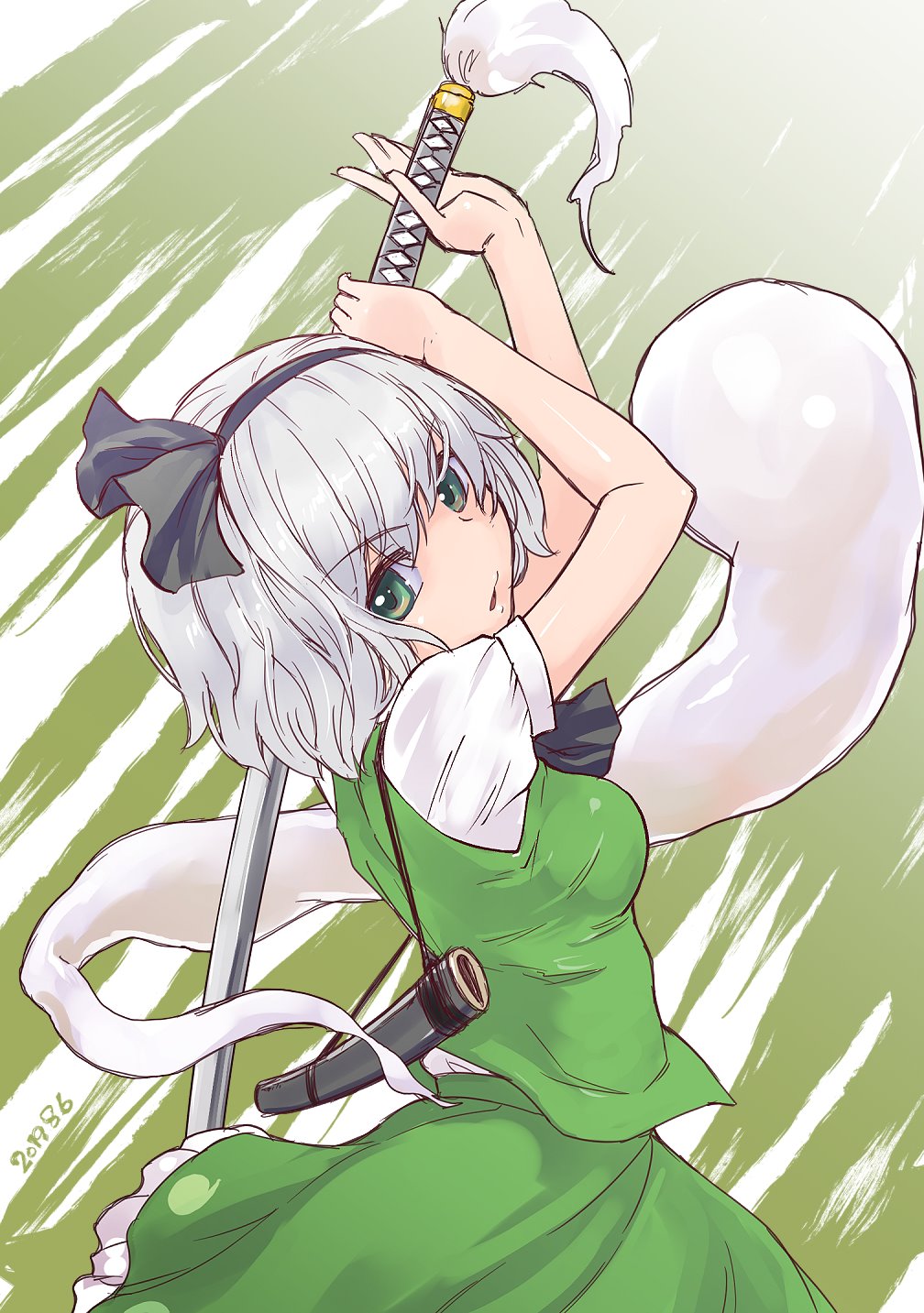 1girl bangs black_hairband black_ribbon breasts commentary_request cowboy_shot dated fighting_stance ghost green_background green_eyes green_skirt green_vest grey_hair hair_ribbon hairband highres hitodama_print katana kei_jiei konpaku_youmu konpaku_youmu_(ghost) looking_at_viewer looking_back medium_breasts open_mouth puffy_short_sleeves puffy_sleeves ribbon scabbard sheath shiny_skin shirt short_hair short_sleeves skirt skirt_set solo sword touhou vest weapon white_background white_shirt