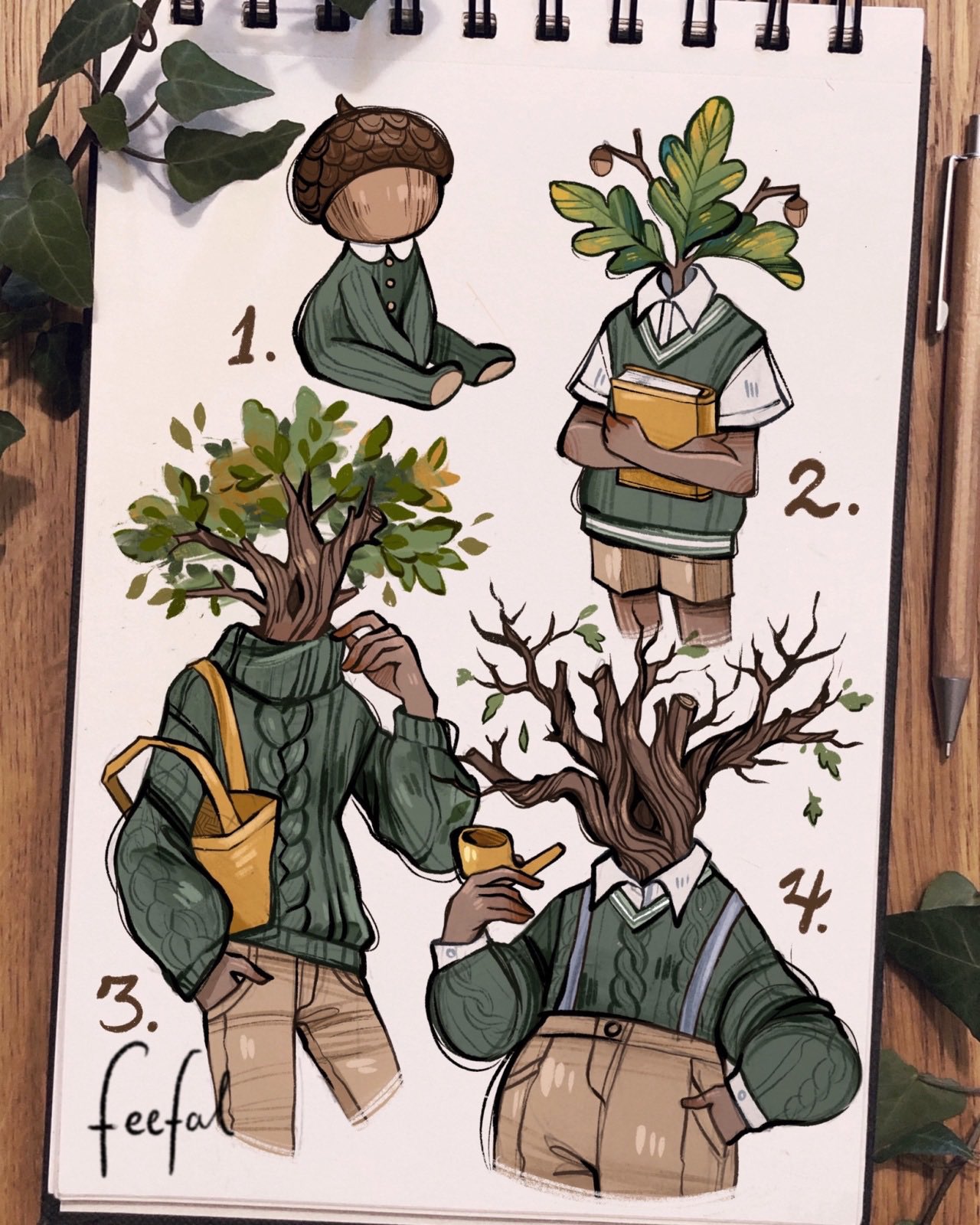 1boy acorn age_progression baby book brown_pants commentary english_commentary faceless feefal green_sweater green_sweater_vest hand_in_pocket highres holding holding_book holding_smoking_pipe leaf oak_leaf object_head old old_man original pants paper_background personification signature smoking_pipe sprout suspenders sweater sweater_vest traditional_media tree