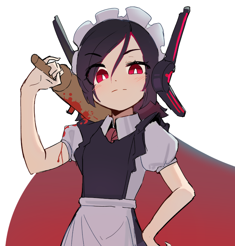 1girl :/ apron bangs black_dress black_hair blood blood_on_weapon blush cape collared_shirt copyright_request dethmaid dress grey_apron grey_shirt holding holding_weapon long_hair looking_at_viewer maid maid_headdress puffy_short_sleeves puffy_sleeves red_cape red_eyes redhead shirt short_sleeves solo weapon white_background