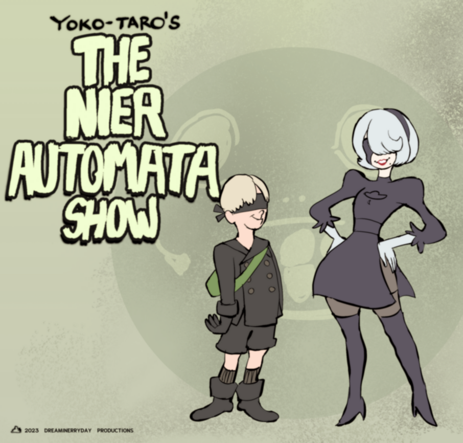 1boy 1girl black_blindfold black_dress black_footwear black_gloves black_jacket black_shorts black_socks blindfold boots commentary copyright_name dreaminerryday dress english_commentary english_text gloves grey_gloves grey_hair grey_pantyhose hair_over_one_eye hanna-barbera height_difference high_heel_boots high_heels jacket lipstick makeup mole mole_under_mouth nier_(series) nier_automata pantyhose parody red_lips retro_artstyle short_hair shorts side_slit socks style_parody thigh_boots yorha_no._2_type_b yorha_no._9_type_s