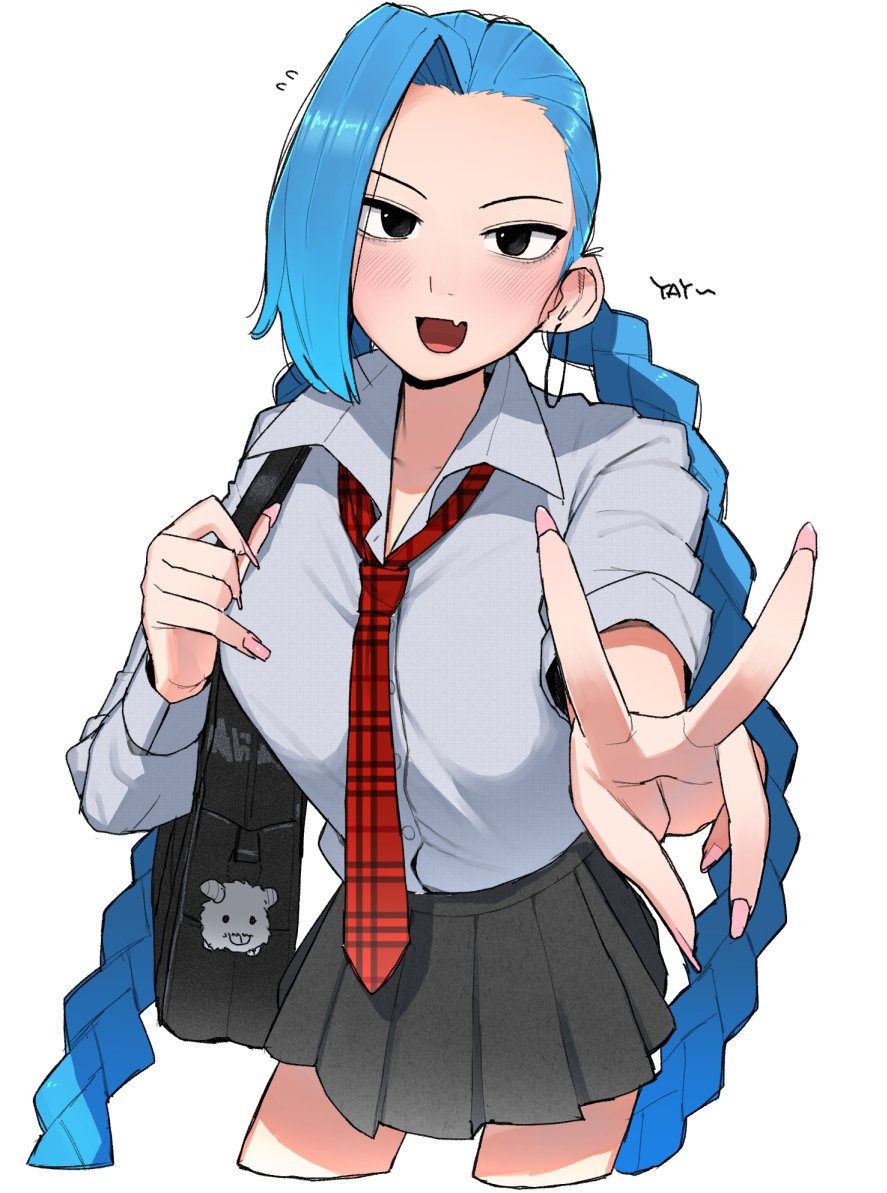 1girl bag bangs blue_hair braid earrings hoop_earrings jewelry jinx_(league_of_legends) league_of_legends long_hair looking_at_viewer ohasi pleated_skirt poro_(league_of_legends) school_bag school_uniform shirt simple_background skirt smile solo tented_shirt twin_braids v white_background
