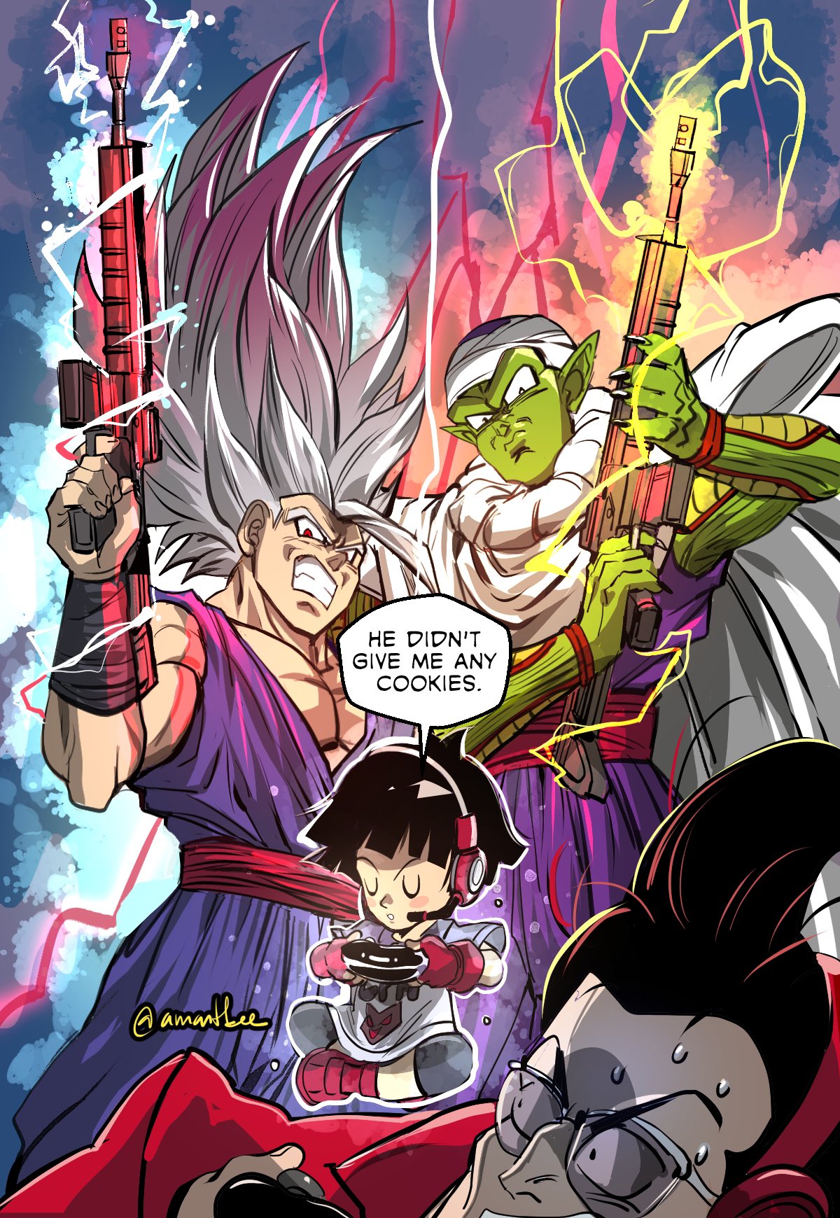 1girl 3boys amartbee assault_rifle black_hair cape carmine_(dragon_ball) child clenched_teeth colored_skin commentary controller dougi dragon_ball dragon_ball_super dragon_ball_super_super_hero english_commentary english_text father_and_daughter female_child finger_on_trigger fingerless_gloves fortnite frown game_controller gloves gohan_beast green_skin grey_hair gun hat headset highres holding holding_controller holding_game_controller holding_gun holding_weapon long_hair multiple_boys muscular muscular_male pan_(dragon_ball) piccolo pointy_ears red_eyes rifle short_hair shoulder_pads son_gohan sunglasses sweat teeth twitter_username weapon white_cape