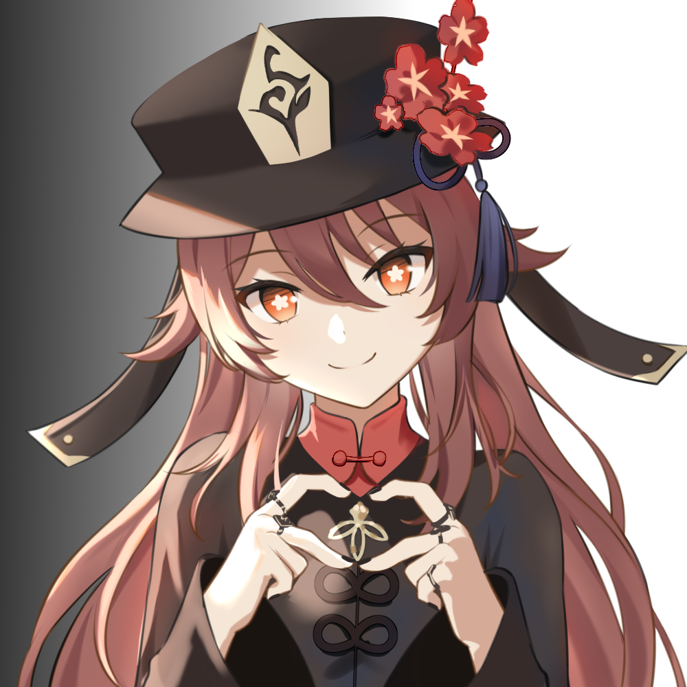 1girl bangs black_background black_nails brown_coat brown_eyes brown_hair chinese_commentary closed_mouth coat commentary_request flower flower-shaped_pupils genshin_impact gradient_background hair_between_eyes hair_flaps hands_up hat hat_flower hat_tassel heart heart_hands hu_tao_(genshin_impact) jewelry long_hair long_sleeves looking_at_viewer mandarin_collar multiple_rings nail_polish plum_blossoms porkpie_hat red_shirt ring shirt sidelocks smile solo symbol-shaped_pupils tassel twintails upper_body white_background wide_sleeves youren_ljun