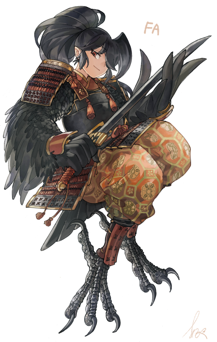 1girl abuku animal_feet armor artist_name baggy_pants bird_legs bird_tail bird_wings black_hair black_tail black_wings borrowed_character claws closed_mouth feathered_wings floating full_body hair_over_one_eye harpy holding holding_sword holding_weapon japanese_armor katana light_smile long_hair looking_at_viewer monster_girl original pants pointy_ears ponytail red_eyes shoulder_armor sidelocks signature simple_background sleeveless sode solo sword tail talons weapon white_background winged_arms wings yellow_pants