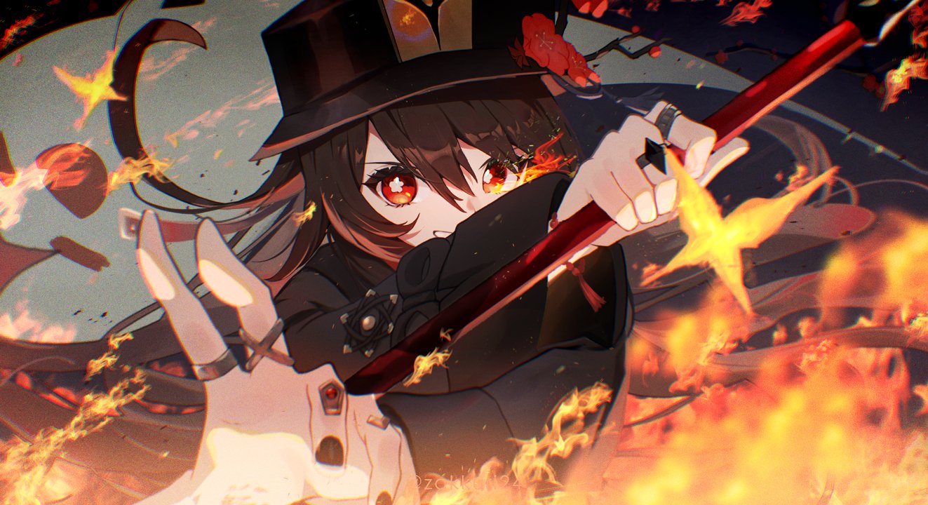1girl arms_up bangs black_background black_coat black_headwear boo_tao_(genshin_impact) bracelet branch brown_hair coat collared_coat crossed_arms fire flower flower-shaped_pupils flying gem genshin_impact ghost gradient_background hair_between_eyes hands_up hat hat_flower hat_ornament holding holding_weapon hu_tao_(genshin_impact) jewelry long_hair long_sleeves looking_at_viewer mandarin_collar pink_flower purple_background red_eyes red_flower red_gemstone red_shirt ring shirt smile solo staff_of_homa_(genshin_impact) standing symbol-shaped_pupils tassel tassel_hat_ornament teeth twintails v-shaped_eyebrows weapon wide_sleeves wing_collar zakkuri
