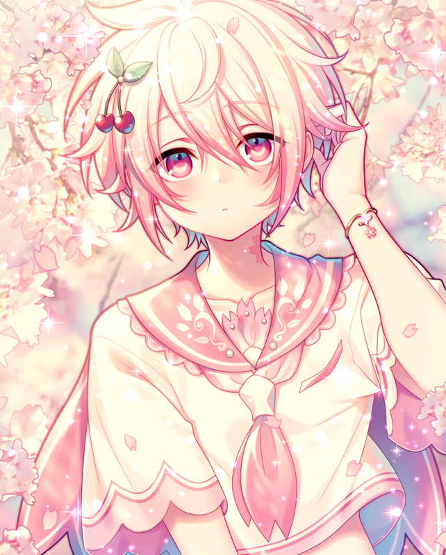 1boy blush bracelet cherry_blossoms cherry_hair_ornament chi_yu closed_mouth crop_top food-themed_hair_ornament hair_ornament jewelry looking_at_viewer male_focus neck_tattoo original pink_eyes pink_hair pink_sailor_collar sailor_collar short_hair short_sleeves solo tattoo