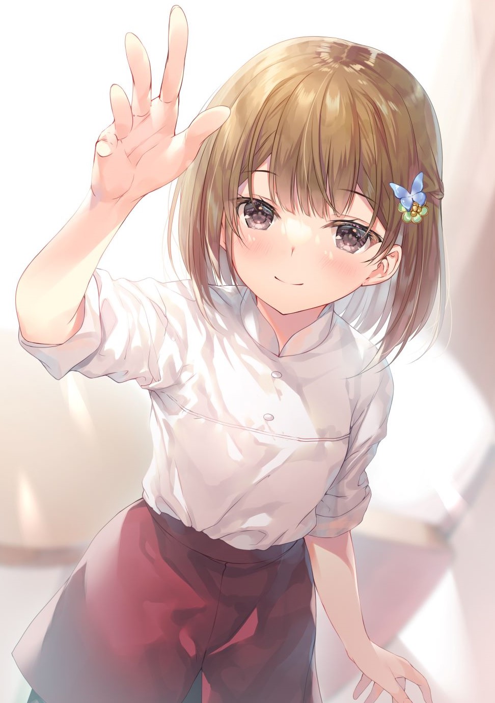 1girl arm_up bangs black_pantyhose blush braid brown_eyes brown_hair butterfly_hair_ornament chair closed_mouth collared_shirt curtains hair_ornament hand_up highres light_rays light_smile long_sleeves looking_at_viewer miwabe_sakura novel_illustration official_art pantyhose red_skirt round_table saijo_no_osewa shirt short_hair skirt smile sunbeam sunlight table teeth white_shirt