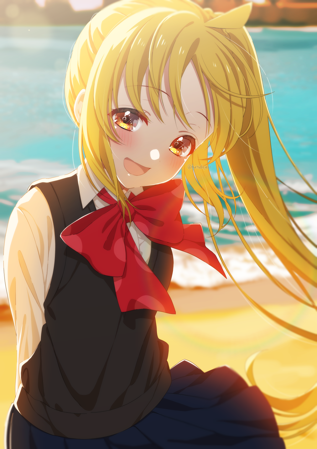 1girl ahoge arms_behind_back black_sweater blonde_hair blue_skirt blurry blurry_background blush bocchi_the_rock! bow bowtie collared_shirt highres ijichi_nijika long_hair long_sleeves looking_at_viewer matuda_(matudayazo) open_mouth orange_eyes outdoors shirt side_ponytail sidelocks skirt smile solo sweater sweater_vest twitter_username upper_body water watermark