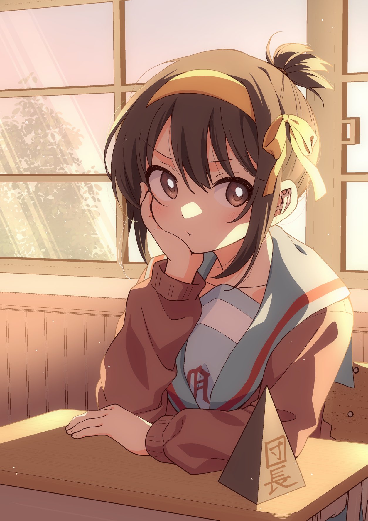 1girl bangs blue_sailor_collar blush bob_cut brown_cardigan brown_eyes brown_hair cardigan chair closed_mouth collarbone commentary desk hair_ribbon hairband hand_on_own_cheek hand_on_own_face highres indoors kita_high_school_uniform long_sleeves looking_to_the_side medium_hair official_alternate_hairstyle ponytail ribbon sailor_collar school_chair school_desk school_uniform serafuku shadow sitting solo sunset suzumiya_haruhi suzumiya_haruhi_no_yuuutsu taiki_(6240taiki) window yellow_hairband