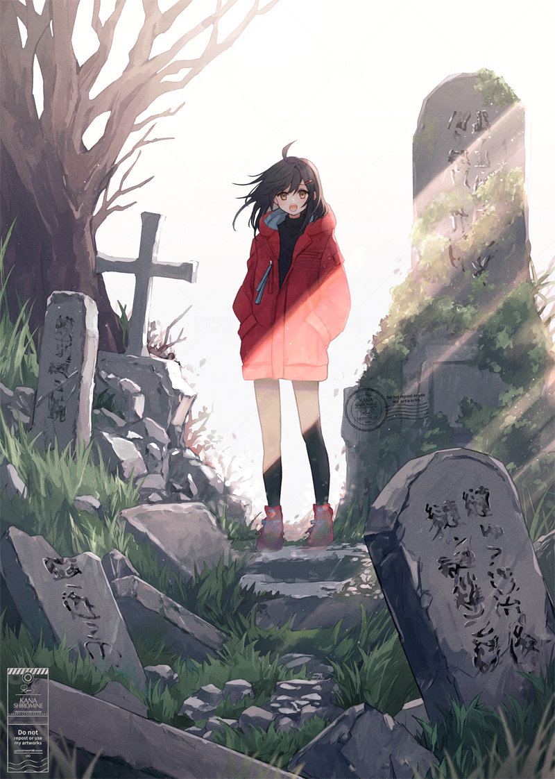 1girl ahoge backlighting bare_tree black_hair black_pantyhose chinese_text commentary_request cross day full_body grass graveyard hair_between_eyes hair_ornament hairpin hands_in_pockets hood hooded_jacket jacket light_rays long_jacket looking_at_viewer medium_hair open_mouth original outdoors pantyhose red_footwear red_jacket scenery shiromine_kana smile solo standing stone sunlight tombstone tree watermark white_background yellow_eyes