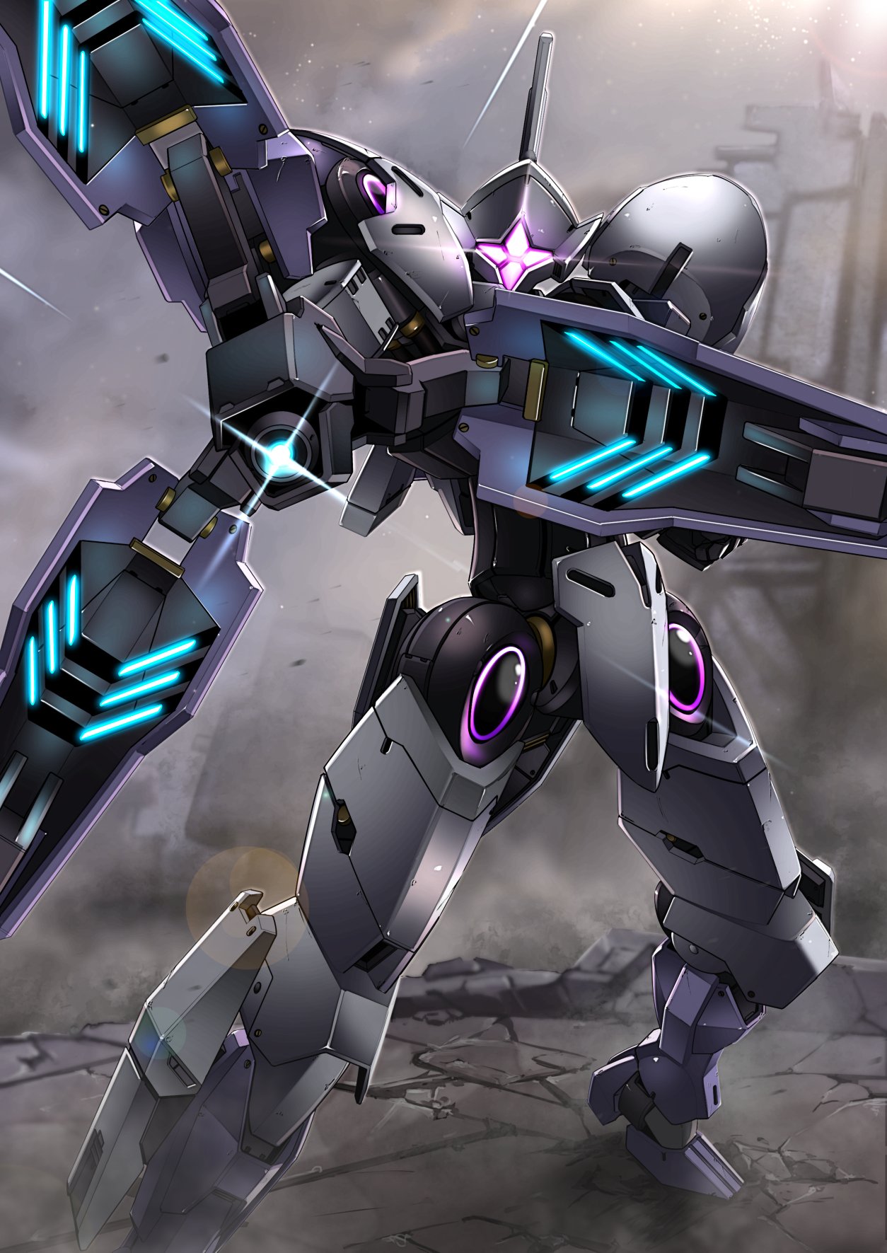 arm_cannon assault_visor ayato_mabu dust glowing gundam gundam_suisei_no_majo highres lens_flare looking_at_viewer mecha michaelis_(mobile_suit) no_humans robot science_fiction solo standing weapon