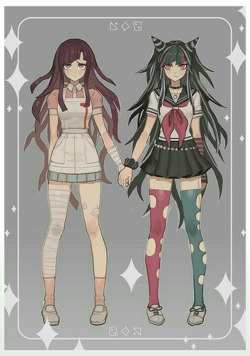 2girls apron asymmetrical_bangs asymmetrical_hair bad_id bad_pixiv_id bandaged_leg bandaged_wrist bandages bandaid bangs black_choker black_gloves black_hair black_sailor_collar black_scrunchie black_skirt blue_hair blue_skirt blue_thighhighs choker collared_shirt danganronpa_(series) danganronpa_2:_goodbye_despair fingerless_gloves frown gloves hair_horns haun holding_hands horns leg_tattoo long_hair looking_at_viewer messy_hair mioda_ibuki mole mole_under_eye multiple_girls neckerchief nurse oni_horns pink_eyes pink_gloves pink_hair pink_neckerchief pink_shirt pink_socks pink_thighhighs pleated_skirt puffy_short_sleeves puffy_sleeves sailor sailor_collar scar school_uniform scrunchie serafuku shirt shoes short_sleeves single_fingerless_glove single_glove skirt sleeve_cuffs socks straight-on striped_sleeves tattoo thigh-highs torn_clothes torn_thighhighs tsumiki_mikan white_apron white_footwear white_hair white_shirt wrist_scrunchie zettai_ryouiki