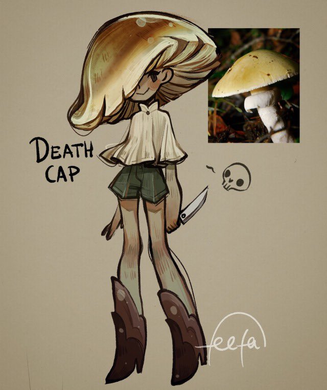 1girl blouse boots character_name closed_mouth commentary english_commentary english_text facing_viewer feefal full_body gradient_hat green_shorts hair_over_one_eye hat_over_one_eye high_heel_boots high_heels holding holding_knife kitchen_knife knife long_legs mushroom mushroom_girl mushroom_hat one_eye_covered original paper_background personification photo_inset reference_inset reverse_grip shirt short_shorts shorts signature sinister skull smile standing