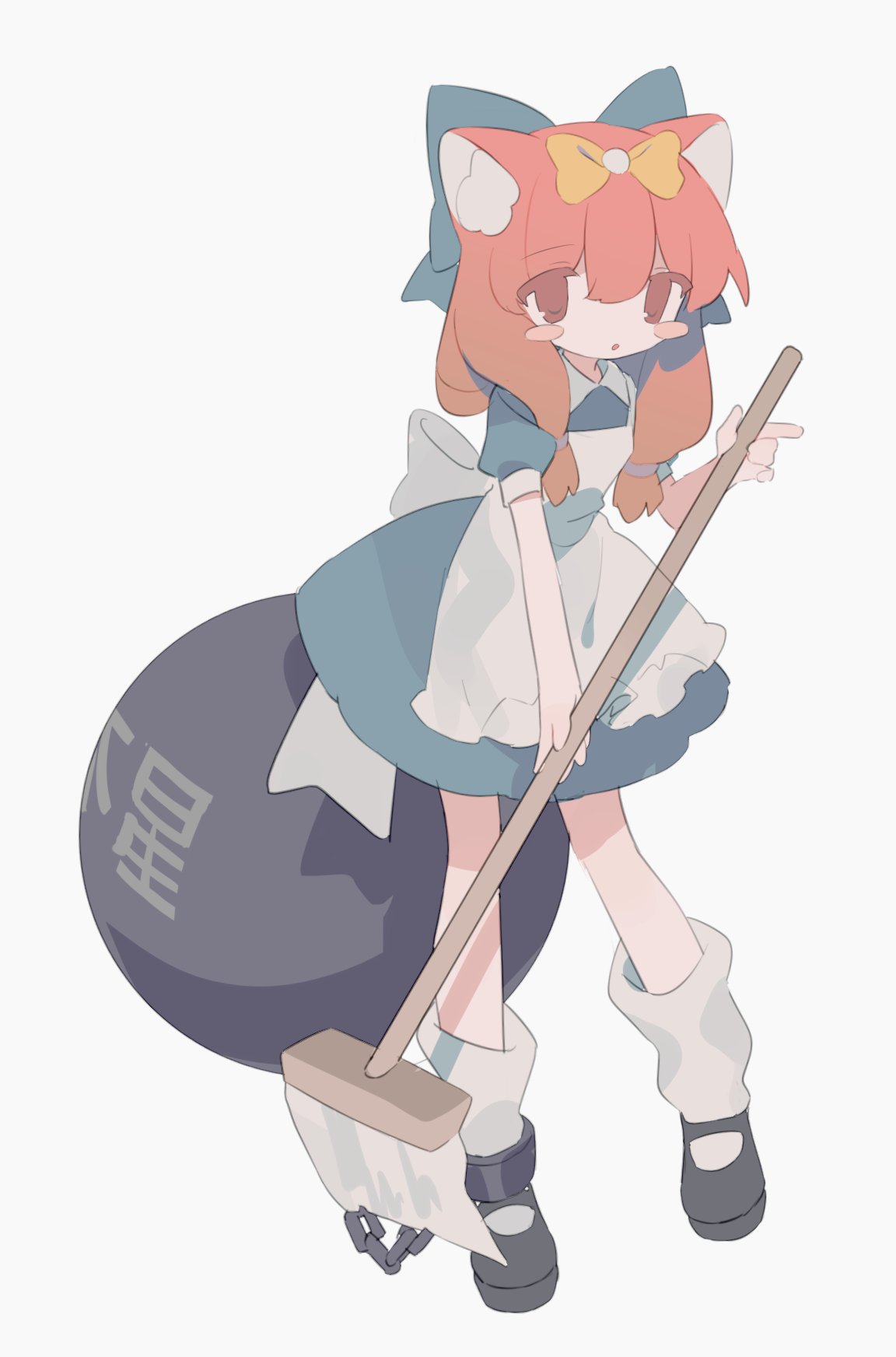 1girl animal_ear_fluff animal_ears apron ball_and_chain_restraint bangs black_footwear blush_stickers bow broom cat_ears daizu_(melon-lemon) dress full_body grey_bow grey_dress hair_bow highres holding holding_broom long_hair looking_at_viewer loose_socks low-tied_long_hair mary_janes orange_hair original parted_lips puffy_short_sleeves puffy_sleeves shoes short_dress short_sleeves simple_background socks solo standing white_apron white_background white_socks yellow_bow