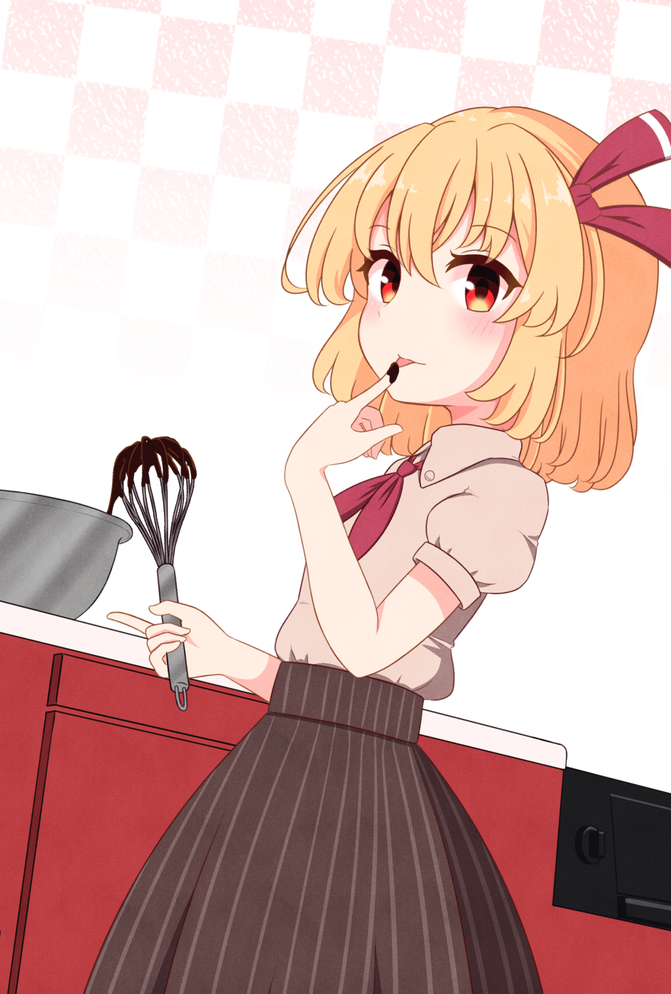 1girl :p alternate_costume bangs batter blonde_hair blush casual checkered_background chocolate cooking counter hair_between_eyes hair_ribbon hand_up highres holding holding_whisk indoors licking licking_finger looking_at_viewer medium_hair pinstripe_pattern pinstripe_skirt puffy_short_sleeves puffy_sleeves red_eyes red_ribbon ribbon rumia short_sleeves skirt solo striped takapi_3 tongue tongue_out touhou whisk wing_collar