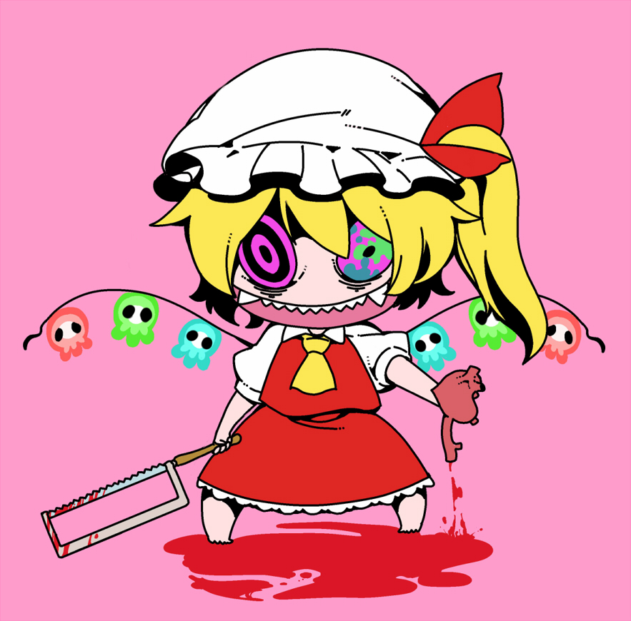 1girl ascot barefoot blonde_hair blood bonesaw bow chibi collared_shirt crazy_smile fangs flandre_scarlet hat hat_bow heart_(organ) heterochromia looking_at_viewer mob_cap one_side_up peptide pink_background pink_eyes puffy_short_sleeves puffy_sleeves red_bow red_skirt red_vest saw shirt short_hair short_sleeves skirt skull solo standing touhou vest white_headwear wings yellow_ascot