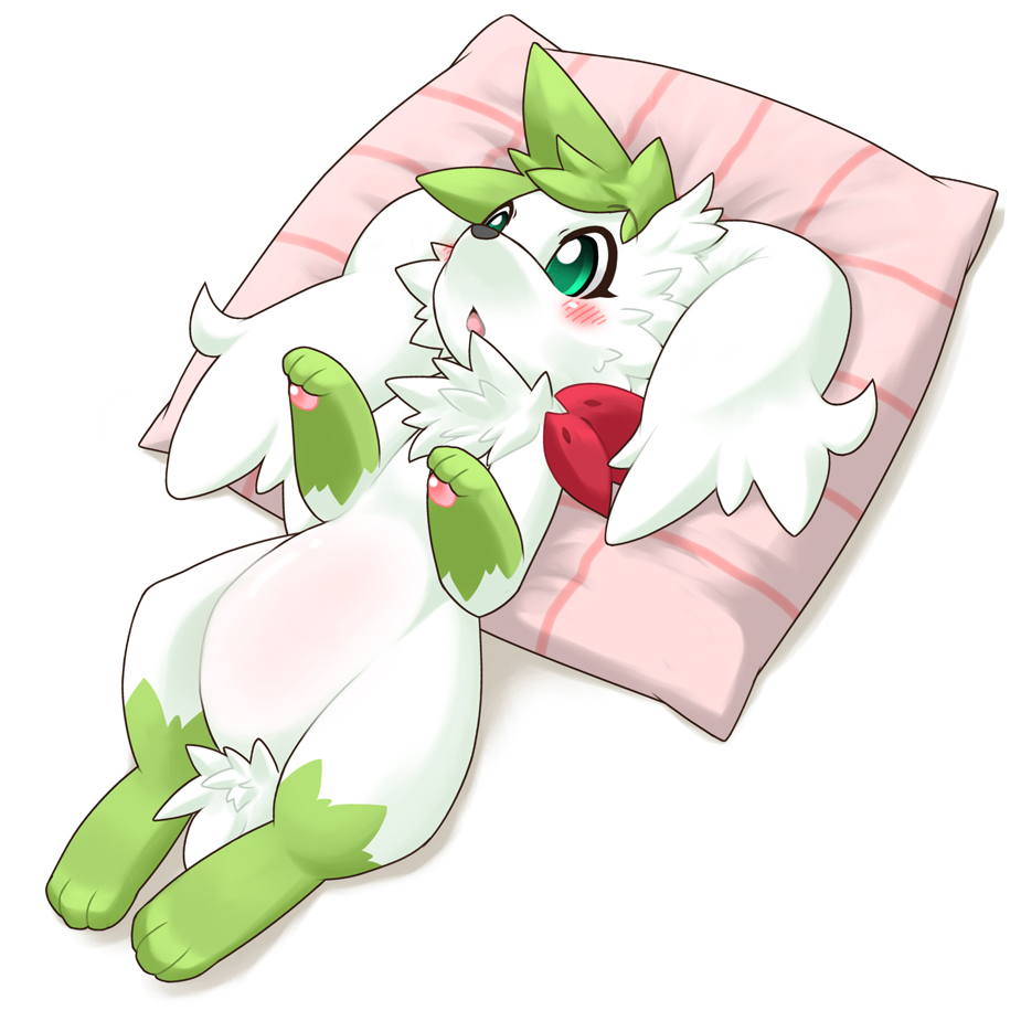 animal_focus bangs blush commentary_request full_body green_eyes green_hair hands_up kame_(3t) lying no_humans on_back open_mouth partial_commentary pawpads pillow pokemon pokemon_(creature) shaymin shaymin_(sky) short_hair simple_background solo white_background