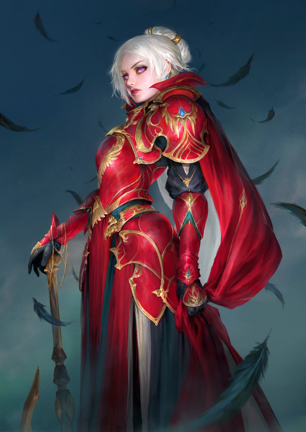 1girl armor boots cape closed_mouth dress earrings edelgard_von_hresvelg falling_feathers feathers fire_emblem fire_emblem:_three_houses from_side hand_on_hilt highres jewelry lips looking_at_viewer realistic red_cape red_dress red_lips shoulder_pads solo standing thedurianart violet_eyes weapon white_hair