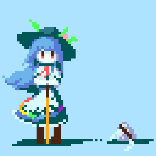 1girl apron black_headwear blue_background blue_hair boots brown_footwear full_body hair_ornament hat hinanawi_tenshi james_at_pi_(fuwafuwacatgirl) leaf_hair_ornament long_hair looking_at_viewer peach_hat_ornament pixel_art rainbow_order red_eyes rope shide shimenawa short_sleeves simple_background skirt solid_oval_eyes solo standing sword_of_hisou touhou waist_apron
