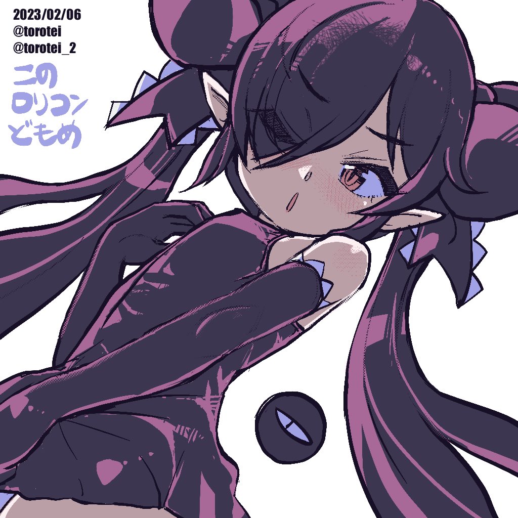 1girl artist_name backbeako backbeard black_dress black_gloves black_hair black_ribbon blush commentary_request dated dress dress_tug elbow_gloves eyes_visible_through_hair gegege_no_kitarou gloves hair_over_one_eye hair_ribbon hand_on_own_chest kono_lolicon_domome long_hair looking_at_viewer looking_to_the_side open_mouth original pointy_ears red_eyes ribbon simple_background sleeveless sleeveless_dress solo torotei translated twintails twitter_username