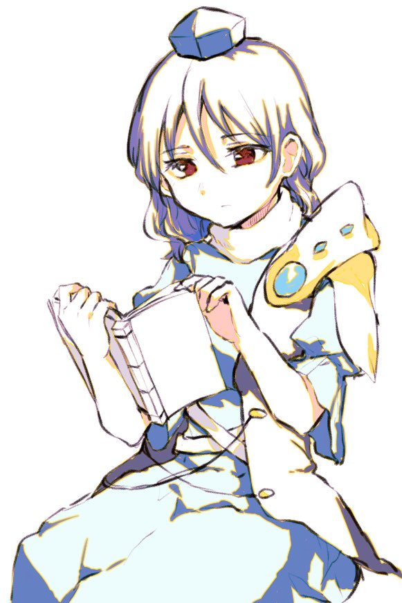 1girl armor bangs blue_dress book closed_mouth dress expressionless hair_between_eyes hands_up hat high_contrast holding holding_book iizunamaru_megumu long_hair open_book pauldrons puffy_short_sleeves puffy_sleeves reading red_eyes short_sleeves shoulder_armor shukinuko simple_background single_pauldron sitting solo tokin_hat touhou waistcoat white_background