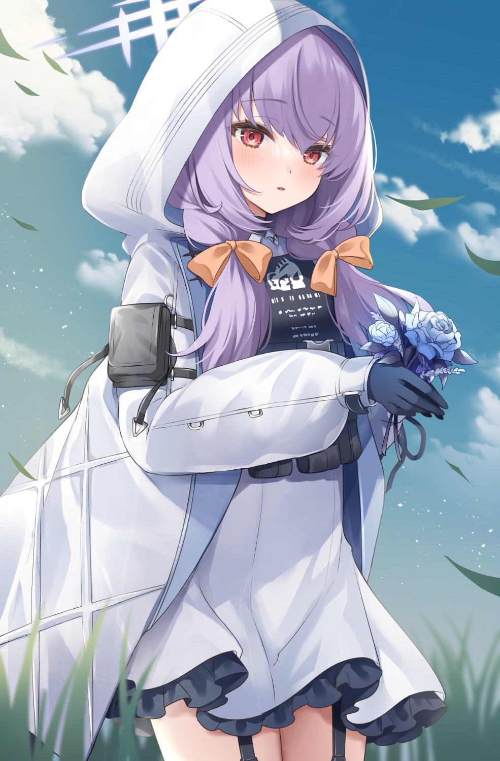 1girl atsuko_(blue_archive) bangs blue_archive blue_gloves blue_sky blush bow clouds commentary cowboy_shot day dress falling_leaves field flak_jacket flower frilled_dress frills garter_straps gloves grass hair_bow head_tilt highres holding holding_flower ichinose_(sorario) jacket leaf long_sleeves low_twintails medium_hair orange_bow outdoors parted_lips purple_hair red_eyes sidelocks sky solo standing sunlight thighs twintails white_dress white_hood white_jacket