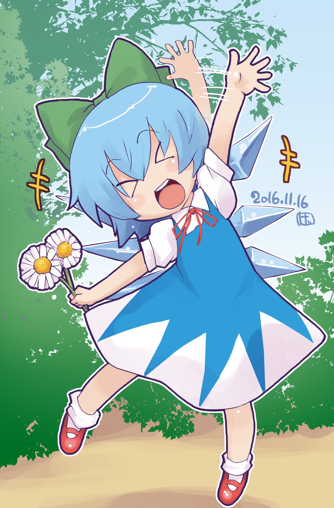 &gt;_&lt; +++ 1girl :d bangs blue_hair blush bow cirno closed_eyes collared_shirt commentary_request dated dress flat_chest flower full_body green_bow hair_bow highres holding holding_flower ice ice_wings kei_jiei neck_ribbon one-hour_drawing_challenge open_mouth outline pinafore_dress red_ribbon ribbon shirt short_hair smile socks solo teeth touhou tree two-tone_dress upper_teeth_only waving white_dress white_flower white_outline white_shirt wings xd