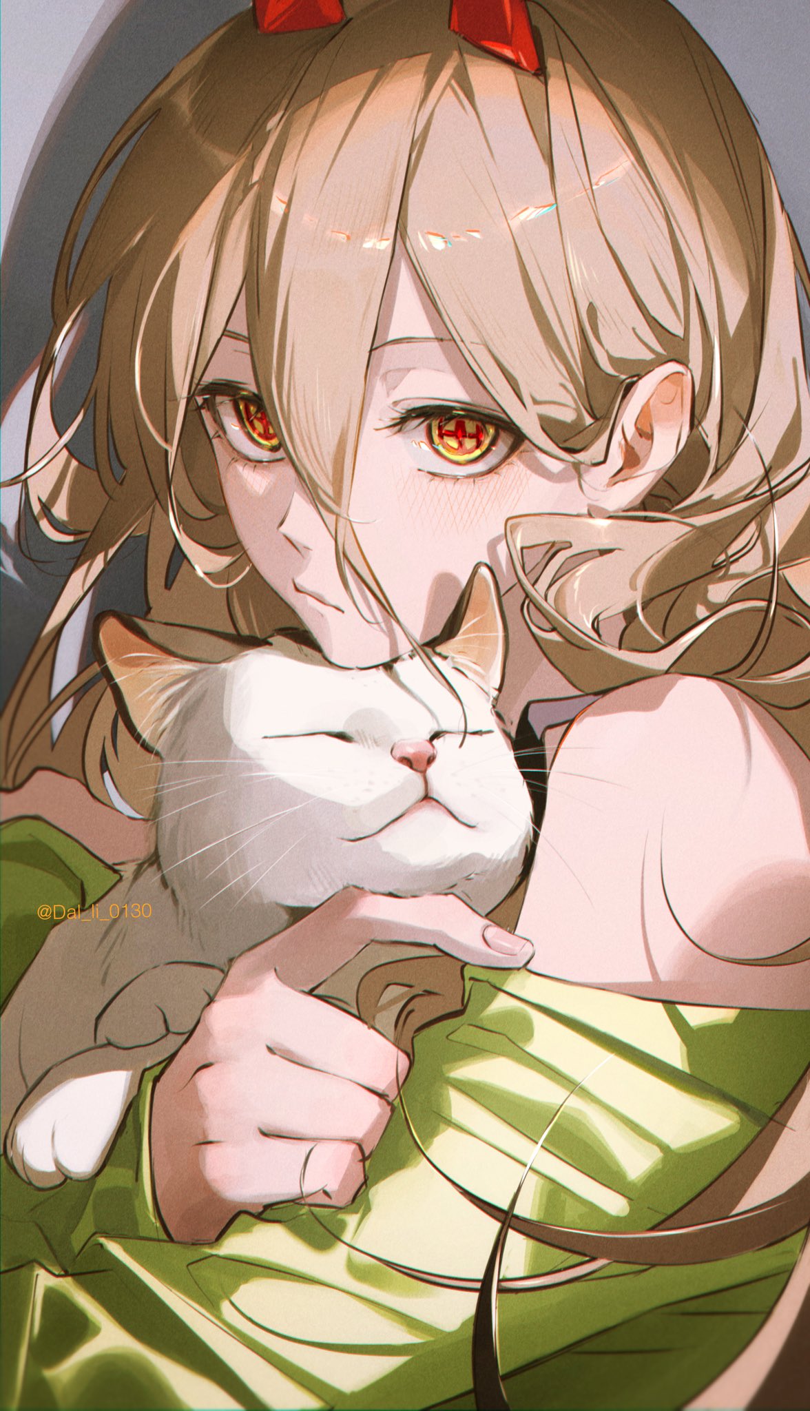 1girl animal bangs blonde_hair cat chainsaw_man closed_mouth cross-shaped_pupils dal_li_0130 demon_girl demon_horns green_shirt hair_between_eyes highres holding holding_animal holding_cat horns long_hair long_sleeves looking_at_viewer meowy_(chainsaw_man) power_(chainsaw_man) red_horns shirt sleeves_past_wrists solo symbol-shaped_pupils twitter_username upper_body yellow_eyes