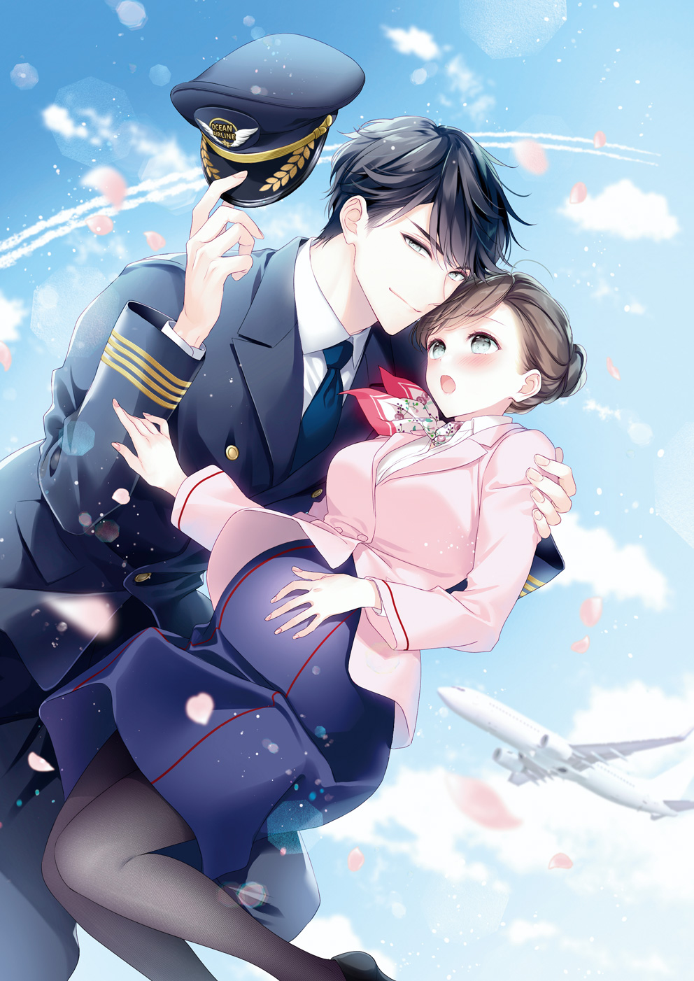 1boy 1girl :o aircraft airplane black_footwear black_hair black_pantyhose blue_headwear blue_jacket blue_necktie blue_pants blue_skirt breasts collared_shirt couple cover cover_image cover_page falling formal gokujou_pilot_no_akachan_o_dekiai_shoya_de_yadoshimashita hand_on_another's_shoulder hand_on_own_stomach hetero high-waist_skirt highres jacket looking_at_another looking_at_viewer looking_up medium_breasts necktie novel_cover official_art open_mouth pants pantyhose petals pink_jacket pregnant shirt short_hair skirt sky smile suit white_shirt yuka_(mischief)