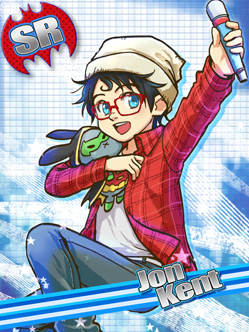1boy blue_eyes card_(medium) character_name dc_comics glasses hat holding holding_microphone holding_stuffed_toy idolmaster idolmaster_side-m jonathan_kent long_sleeves male_child male_focus microphone okayu0317 open_clothes open_mouth open_shirt pants red-framed_eyewear shirt solo stuffed_animal stuffed_bunny stuffed_toy super_sons superman_(series) teeth upper_teeth_only white_shirt