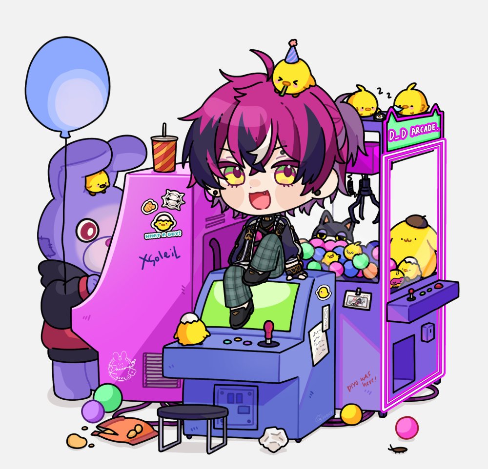 &gt;_&lt; 1boy :d animal_on_head arcade_cabinet bag bag_of_chips ball balloon bangs bird bird_on_head black_footwear black_hair black_jacket blush blush_stickers bug cat character_request chibi chick chips_(food) cockroach commentary controller crane_game crossed_bangs crumpled_paper cup disposable_cup doppio_dropscythe drinking_straw english_commentary eyebrow_piercing food full_body game_controller grey_pants hair_between_eyes hat jacket joystick long_sleeves looking_at_viewer multicolored_hair nijisanji nijisanji_en on_head open_clothes open_jacket open_mouth pants paper party_hat party_horn piercing plaid plaid_pants pompompurin ponytail potato_chips purple_hair rabbit raii_(rraiire) sanrio shoes short_hair short_ponytail sidelocks simple_background sitting smile standing sticker stool streaked_hair virtual_youtuber white_background white_hair xsoleil yellow_eyes