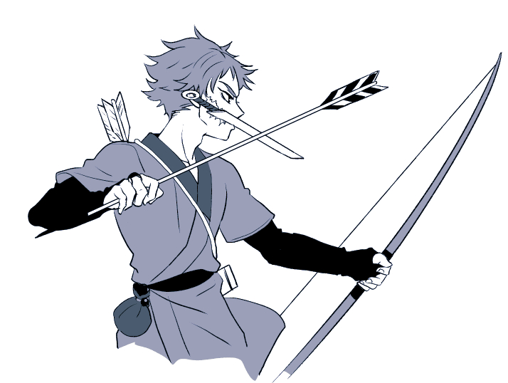 1boy adam's_apple arrow_(projectile) ashitaka ashitaka_(cosplay) bow_(weapon) cosplay cropped_torso fingerless_gloves from_side gloves holding holding_arrow holding_bow_(weapon) holding_weapon kimetsu_no_yaiba kozenini layered_sleeves long_sleeves looking_away male_focus monochrome mononoke_hime mouth_hold outstretched_arms profile quiver sabito_(kimetsu) scabbard scar scar_on_cheek scar_on_face sheath short_hair short_over_long_sleeves short_sleeves simple_background solo sword unsheathed weapon