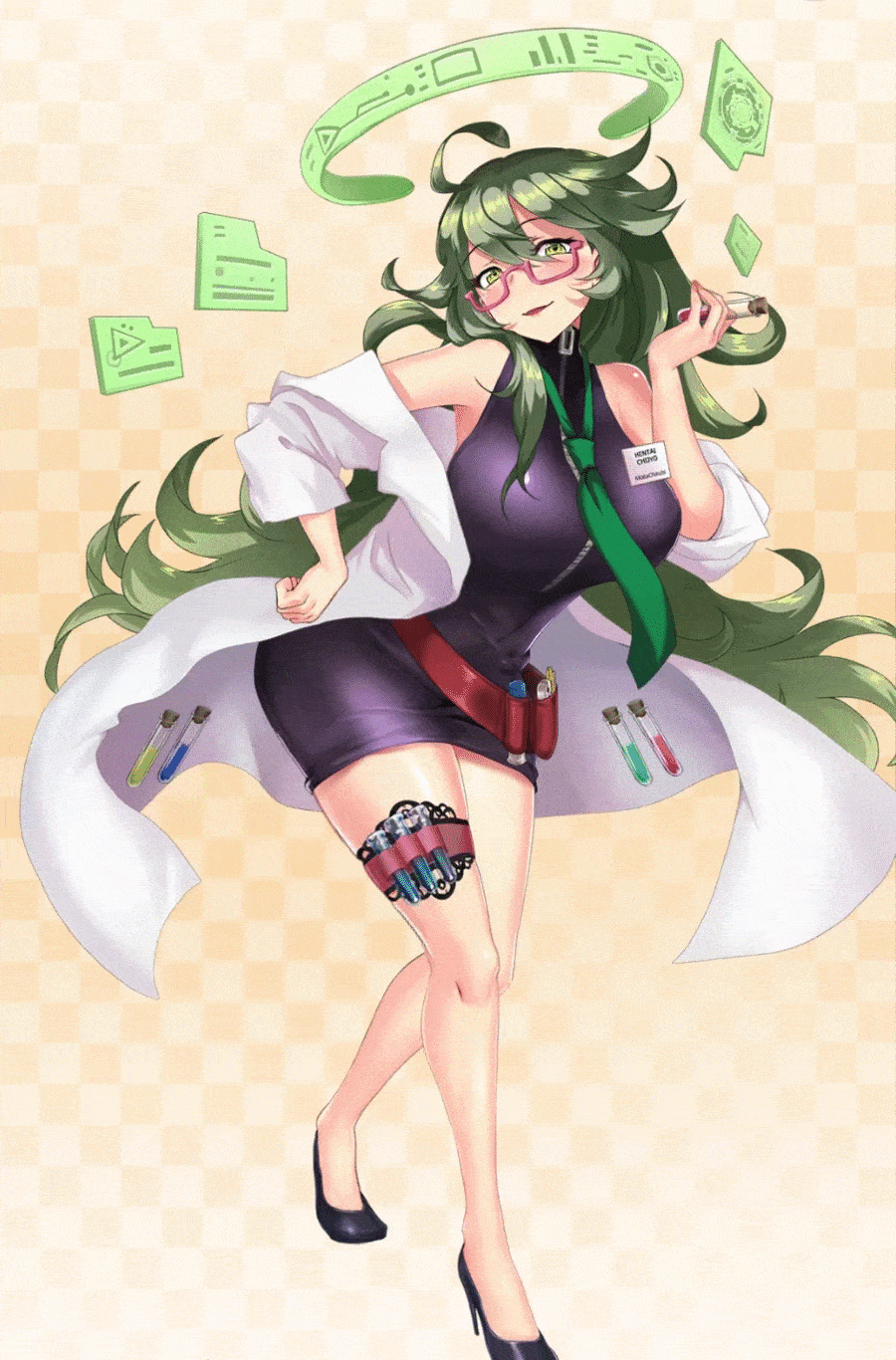 animated animated_gif artist_request bare_legs bare_shoulders belt black_jacket clara_(project_qt) crossed_legs dress glasses green_eyes green_hair high_heels highres jacket labcoat name_tag necktie project_qt third-party_source tight tight_dress utility_belt