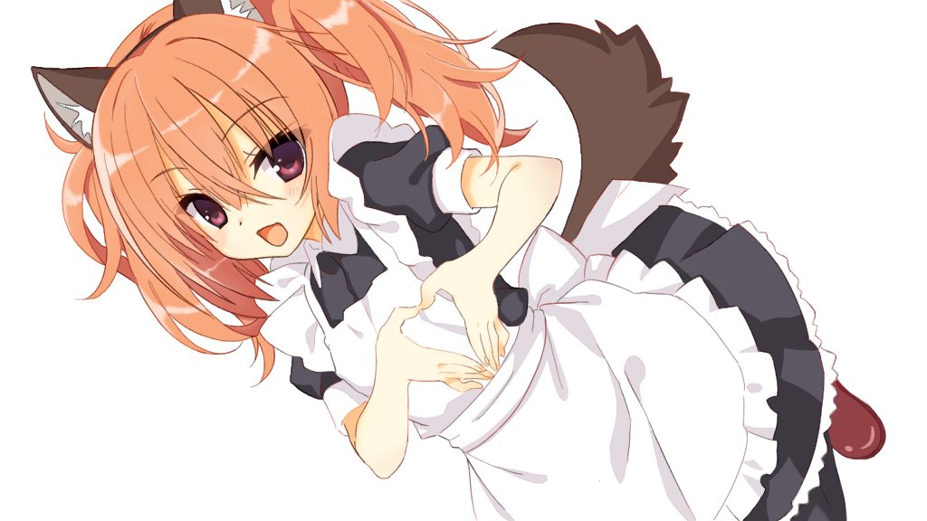 1girl alternate_costume animal_ear_fluff animal_ears apron bangs black_dress blush breasts commentary creator_connection derivative_work dress dutch_angle enmaided frilled_apron frilled_dress frills hair_between_eyes heart heart_hands inaba_meguru looking_at_viewer maid maid_apron majo moe_moe_kyun! open_mouth orange_hair puffy_short_sleeves puffy_sleeves red_eyes sanoba_witch screencap_redraw short_sleeves sidelocks simple_background small_breasts smile solo tail twintails wavy_hair white_apron white_background wolf_ears wolf_tail