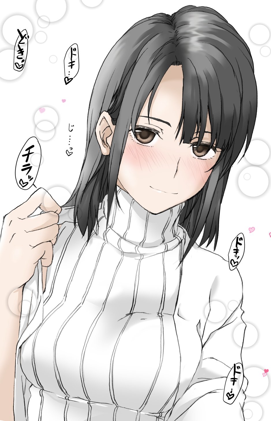 1girl bangs black_hair blush breasts brown_eyes character_request closed_mouth elf_(stroll_in_the_woods) heart highres long_hair looking_at_viewer simple_background smile solo sweater turtleneck turtleneck_sweater white_background