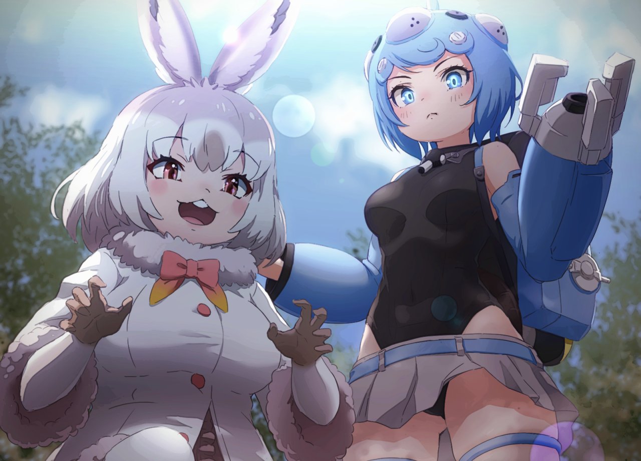 2girls animal_ears backpack bag bare_shoulders black_leotard blue_eyes blue_hair blush bow bowtie brown_gloves claw_(weapon) coat elbow_gloves fur_collar ghost_in_the_shell gloves grey_skirt hair_ornament kemono_friends kemono_friends_3 leotard looking_at_viewer miniskirt mountain_hare_(kemono_friends) multiple_girls pleated_skirt rabbit_ears rabbit_girl red_bow red_bowtie red_eyes short_hair skirt tachikoma_type-s_(kemono_friends) tayuura_(kuwo) thigh_strap two-tone_gloves weapon white_coat white_fur white_gloves white_hair
