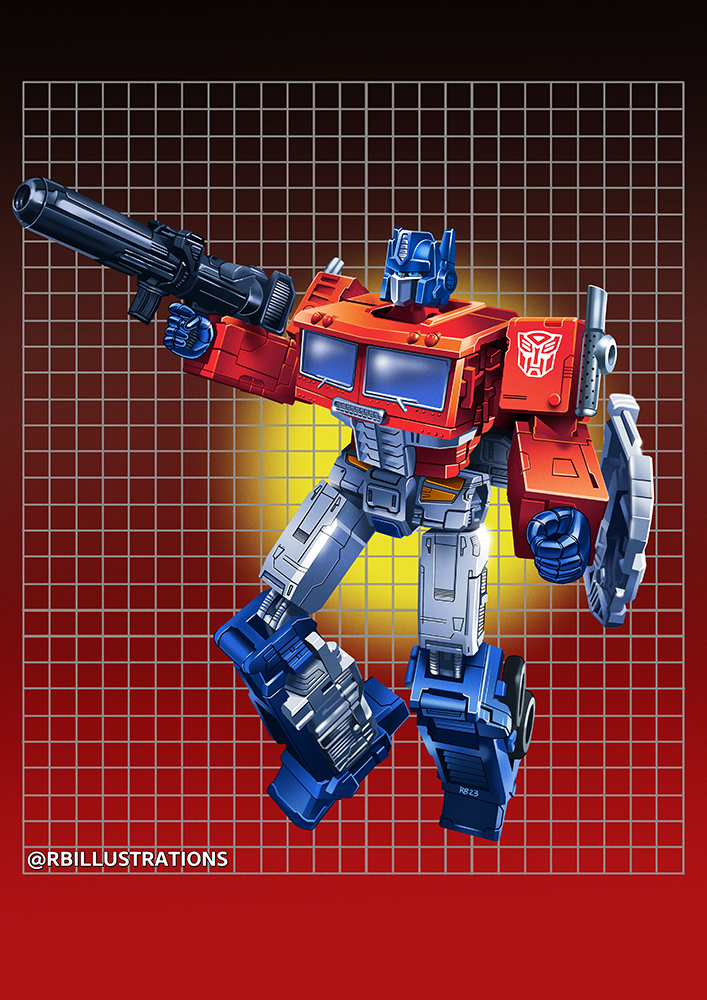 1980s_(style) autobot blue_eyes clenched_hand commentary english_commentary full_body gun holding holding_gun holding_weapon jeffrey_mangiat_(style) mecha no_humans optimus_prime parody red_background retro_artstyle robot ryan_button science_fiction solo style_parody transformers transformers:_war_for_cybertron_trilogy weapon