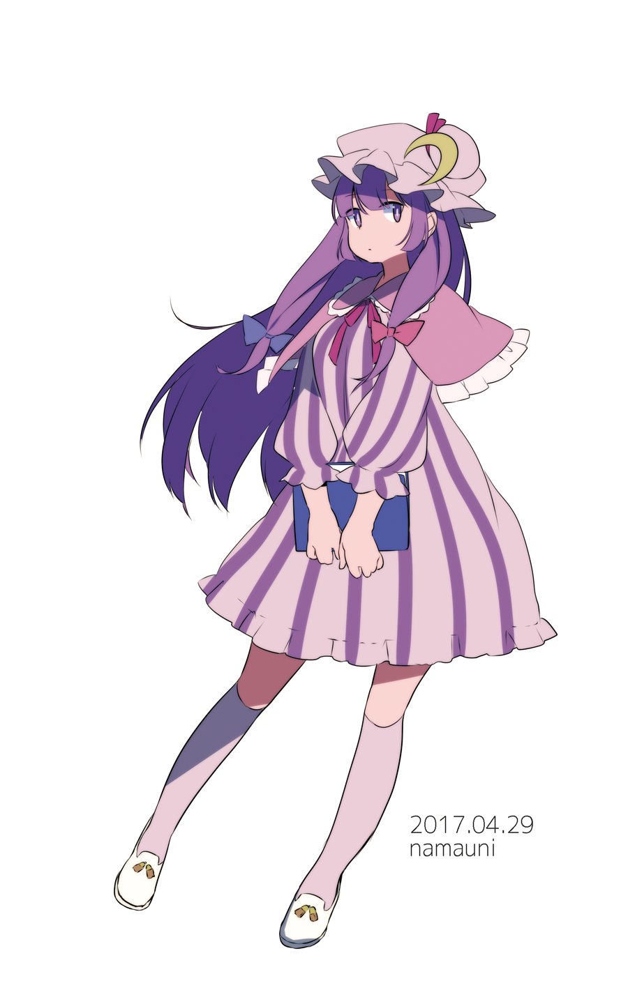 1girl artist_name blue_bow book bow closed_mouth crescent crescent_hat_ornament dated dress full_body hair_bow hat hat_ornament highres holding holding_book kneehighs long_hair long_sleeves mob_cap namauni one-hour_drawing_challenge patchouli_knowledge purple_dress purple_hair purple_headwear purple_socks red_bow shoes sidelocks simple_background socks solo striped striped_dress touhou vertical-striped_dress vertical_stripes violet_eyes white_background white_footwear