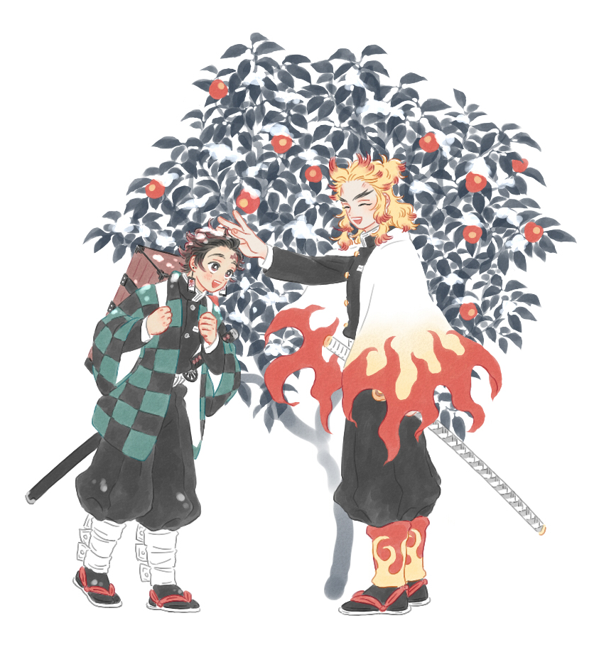2boys :d ^_^ backpack bag belt black_pants black_socks blonde_hair blush box brown_hair cape checkered_clothes closed_eyes colored_tips demon_slayer_uniform earrings flame_print flower forked_eyebrows full_body half_updo hanafuda_earrings hand_on_another's_head haori happy holding_strap illiillllililll japanese_clothes jewelry kamado_tanjirou katana kimetsu_no_yaiba laughing leaning_forward long_sleeves looking_at_another looking_away male_focus medium_hair multicolored_hair multiple_boys outstretched_arm pants pants_tucked_in profile puffy_pants red_flower redhead rengoku_kyoujurou scar scar_on_face scar_on_forehead shin_guards short_hair smile snow_on_head socks standing streaked_hair sword tabi tree waraji weapon white_cape wiping_snow