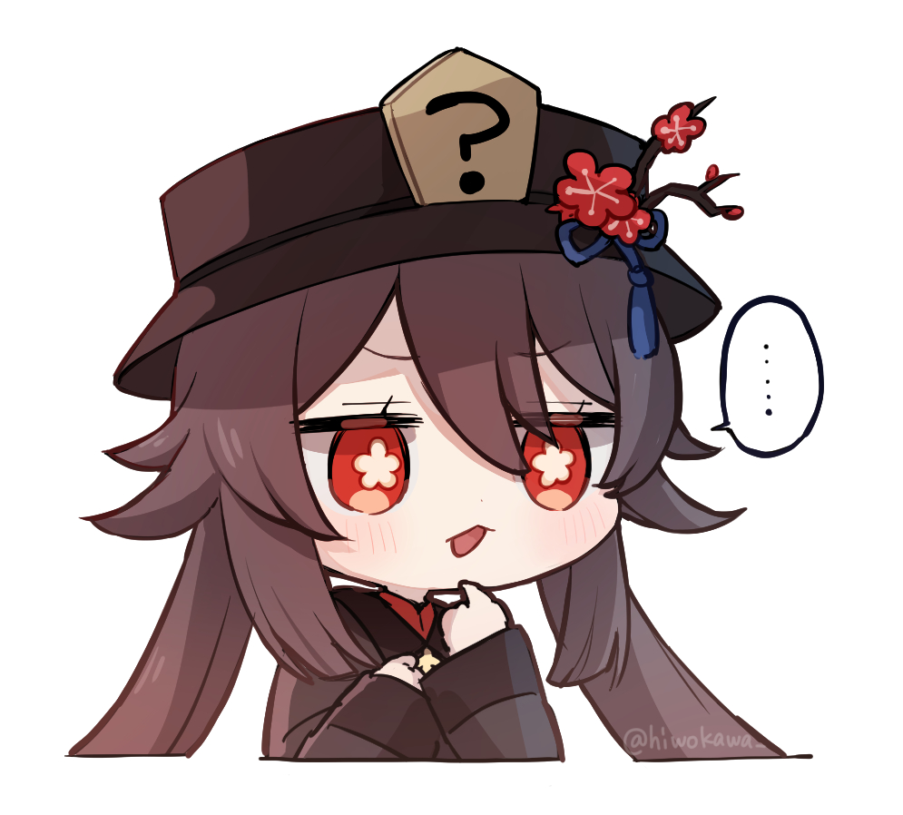 ... 1girl ? artist_name bangs black_headwear blue_ribbon blush branch brown_coat brown_hair chibi coat collared_coat commentary_request flower flower-shaped_pupils genshin_impact gradient_hair hair_between_eyes hands_up hat hat_flower hat_ornament hat_ribbon honotai hu_tao_(genshin_impact) long_hair long_sleeves looking_to_the_side mandarin_collar multicolored_hair open_mouth pink_flower red_eyes red_flower red_shirt ribbon shirt sidelocks simple_background solo speed_lines spoken_ellipsis symbol-shaped_pupils tassel tassel_hat_ornament twintails upper_body white_background wide_sleeves wing_collar